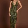 Embellished Halterneck Maxi Dress in Green Snake