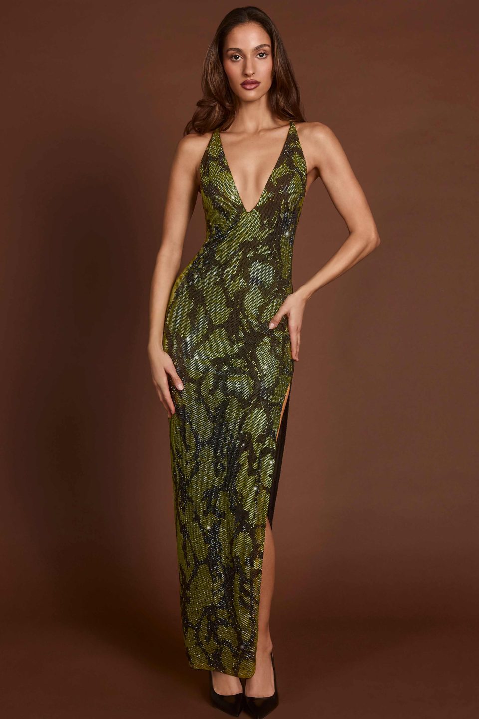 Embellished Halterneck Maxi Dress in Green Snake