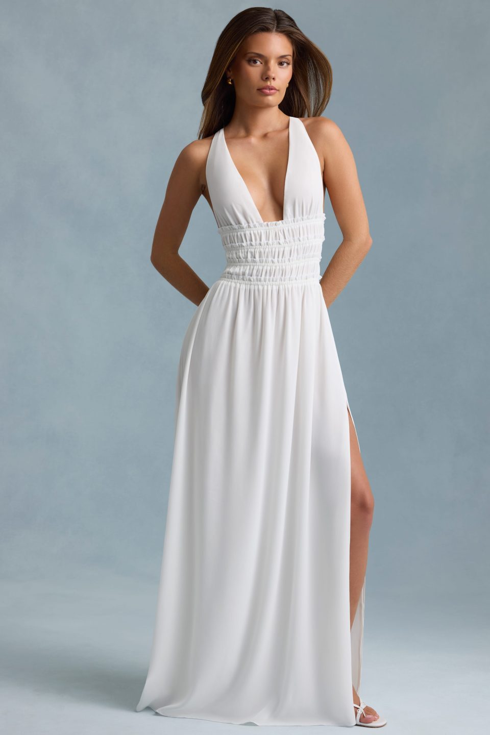 Plunge Cross-Back Maxi Dress in White