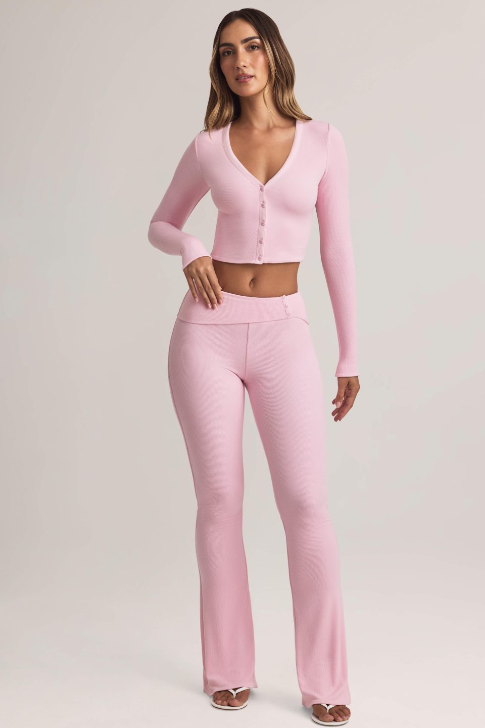 Modal Foldover Mid-Rise Flared Trousers in Pastel Pink