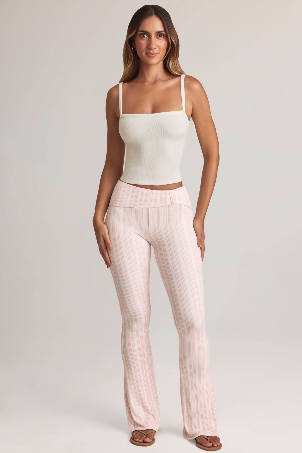 Modal Foldover Mid-Rise Flared Trousers in Stripe Print
