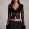 Faux Fur-Trim Lace Cardigan in Black