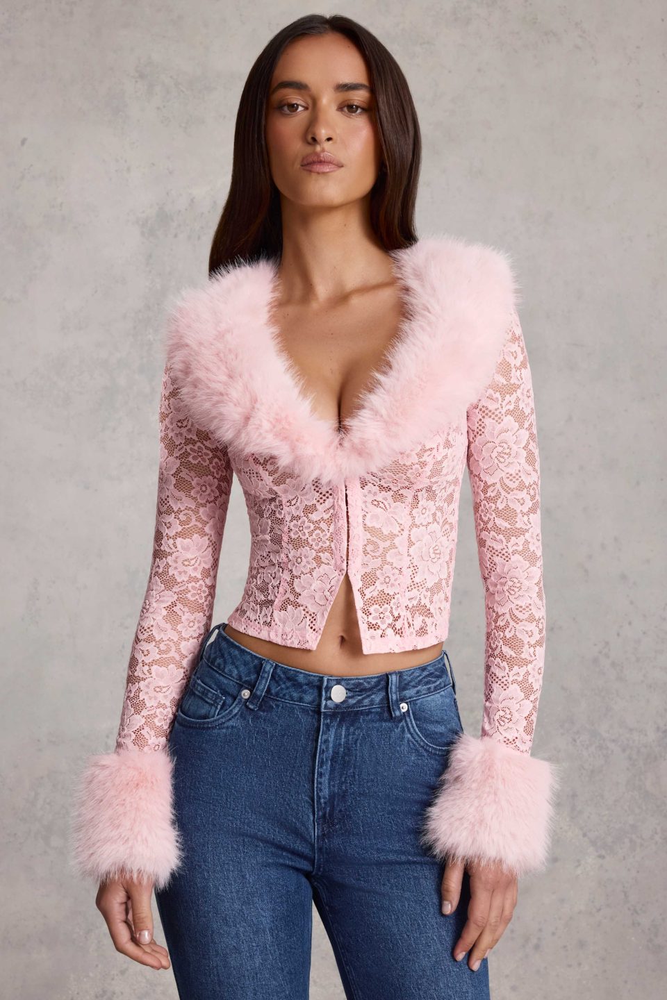 Faux Fur-Trim Lace Cardigan in Pink