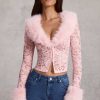 Faux Fur-Trim Lace Cardigan in Pink