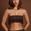 Fringed Bandeau Lace-up Crop Top in Chocolate Brown