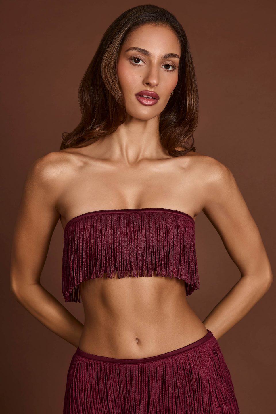 Fringed Bandeau Lace-up Crop Top in Wine Red