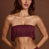 Fringed Bandeau Lace-up Crop Top in Wine Red