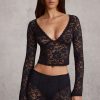 Plunge-Neck Long-Sleeve Lace Top in Black