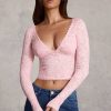Plunge-Neck Long-Sleeve Lace Top in Pink