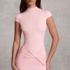 Ruched Backless Turtleneck Mini Dress in Pink