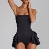 Ruffled Lace-Up Corset Playsuit in Black