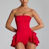 Ruffled Lace-Up Corset Playsuit in Fire Red