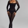 Long-Sleeve Seamless Knit Jumpsuit in Black