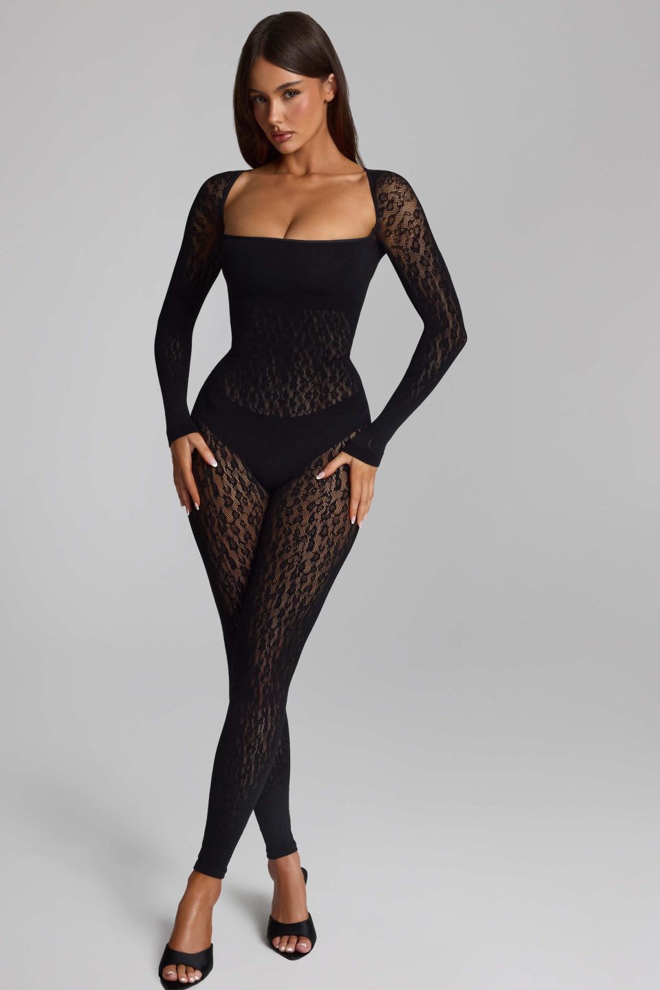 Long-Sleeve Seamless Knit Jumpsuit in Black
