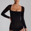 Cap-Sleeve Seamless Knit Bodysuit in Black