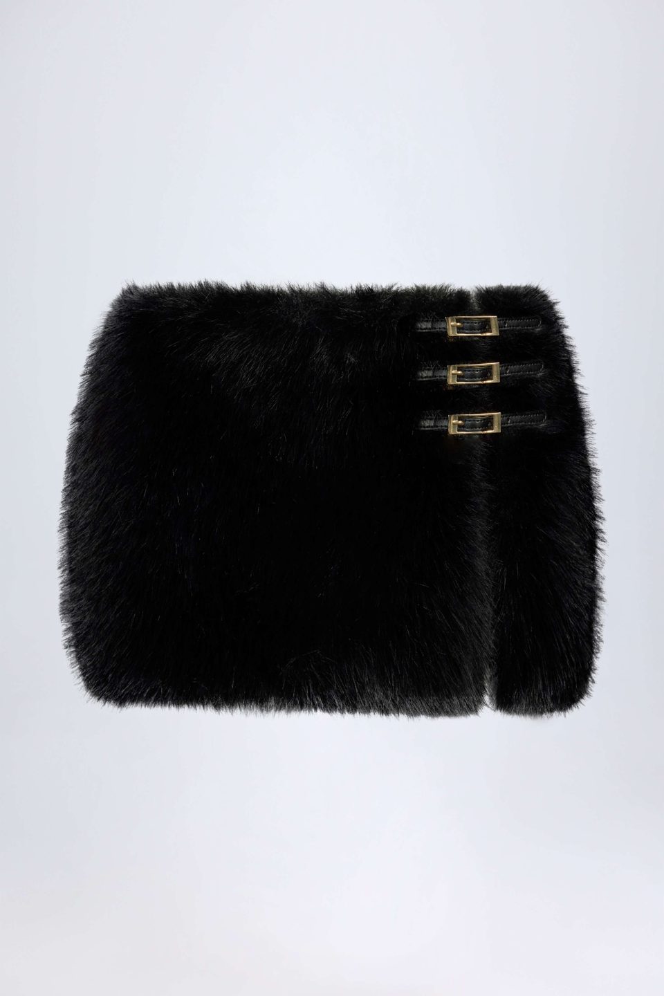 Buckle-Detail Faux Fur Micro Mini Skirt in Black