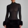 Faux Fur-Trim Turtleneck Mini Dress in Black
