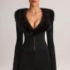 Faux Fur-Trim Playsuit in Black