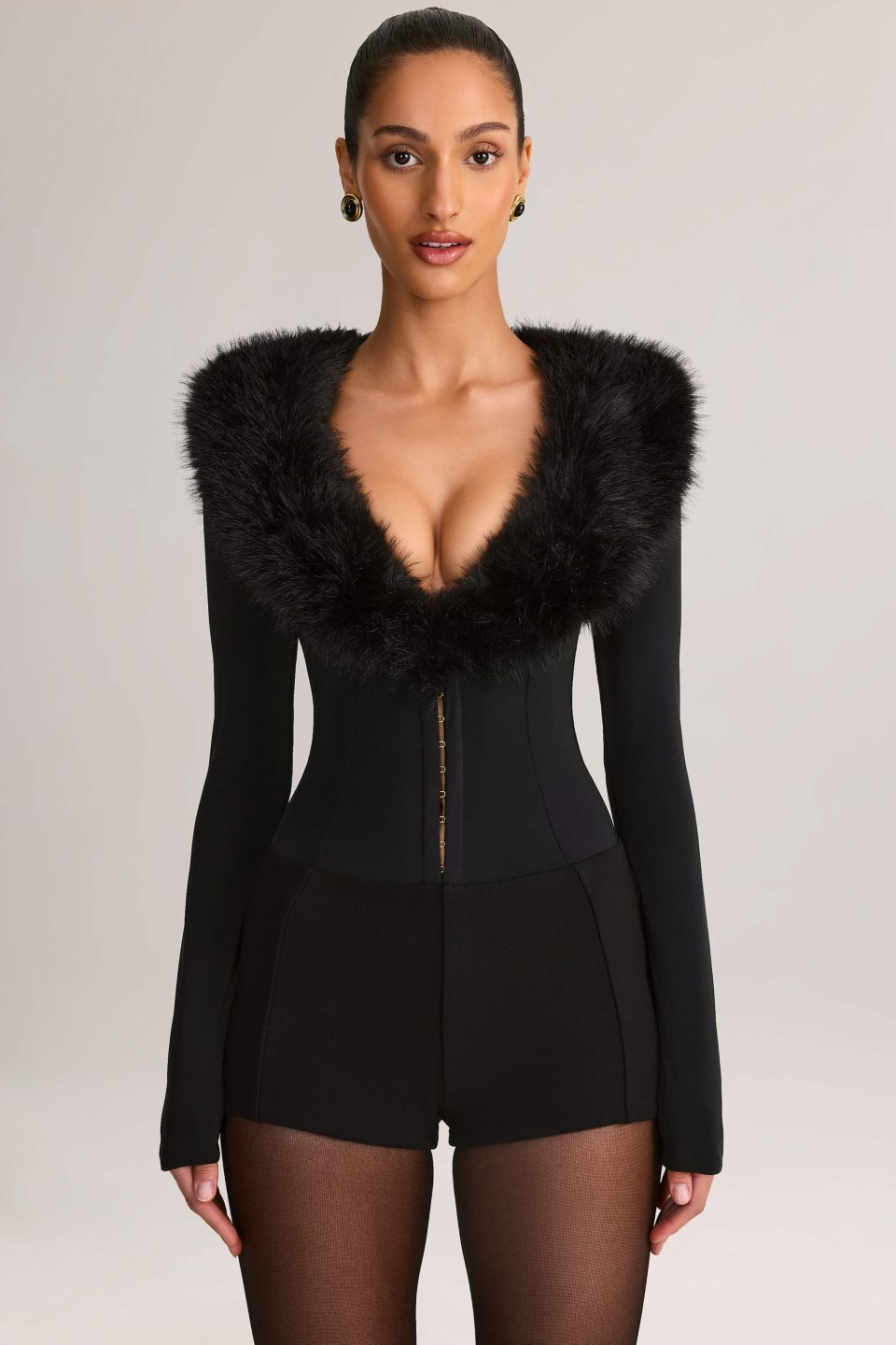 Faux Fur-Trim Playsuit in Black