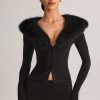 Knit Faux Fur-Trim Cardigan in Black