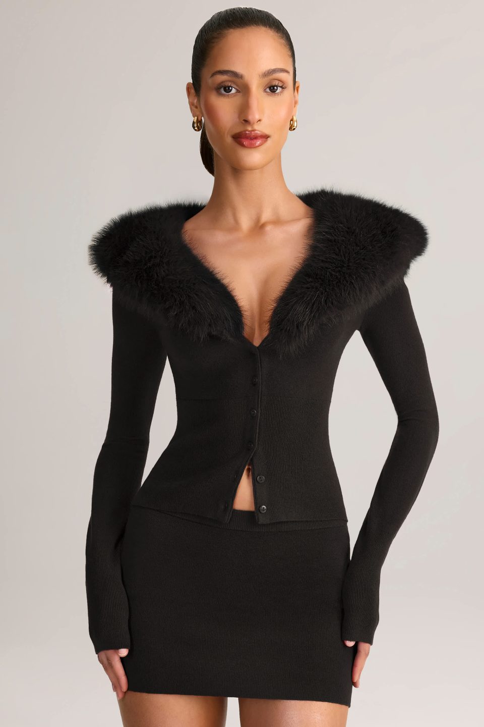 Knit Faux Fur-Trim Cardigan in Black