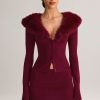 Knit Faux Fur-Trim Cardigan in Wine