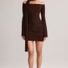 Knit Scarf-Detail Off-Shoulder Mini Dress in Chocolate Brown