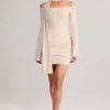 Knit Scarf-Detail Off-Shoulder Mini Dress in Cream