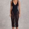 Lace Plunge Bodysuit Midaxi Dress in Black