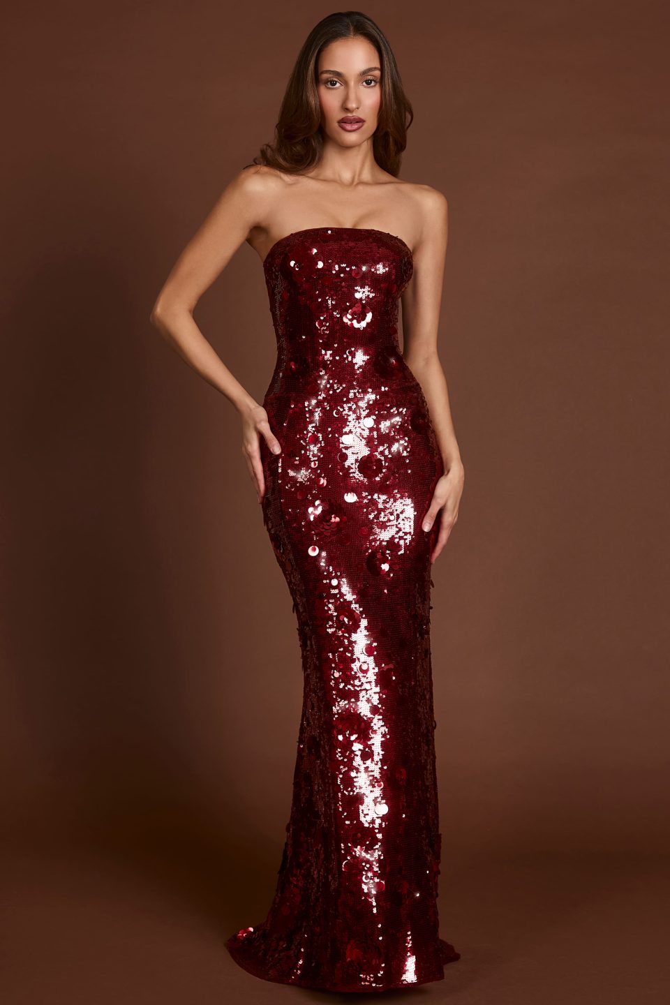 3D Embellished Bandeau Maxi Dress in Red