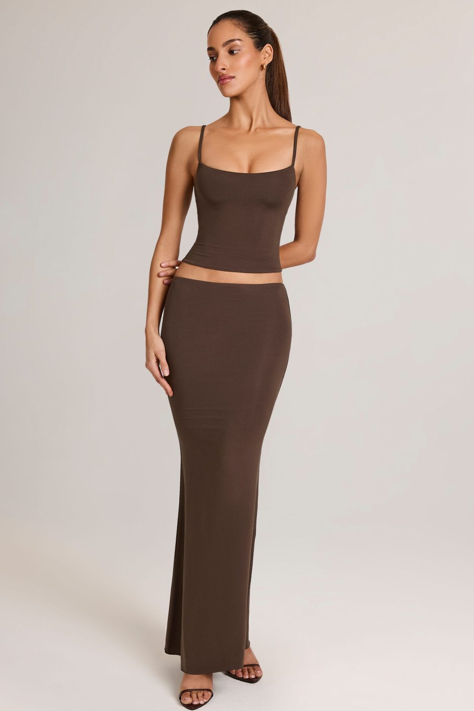 Modal Mid-Rise Fishtail Maxi Skirt in Chocolate Brown