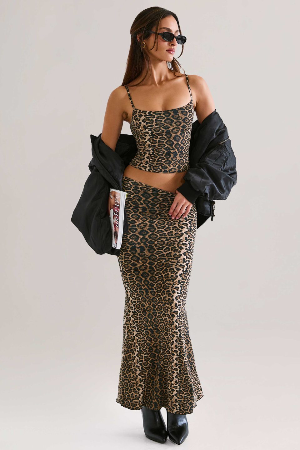 Modal Mid-Rise Fishtail Maxi Skirt in Leopard Print