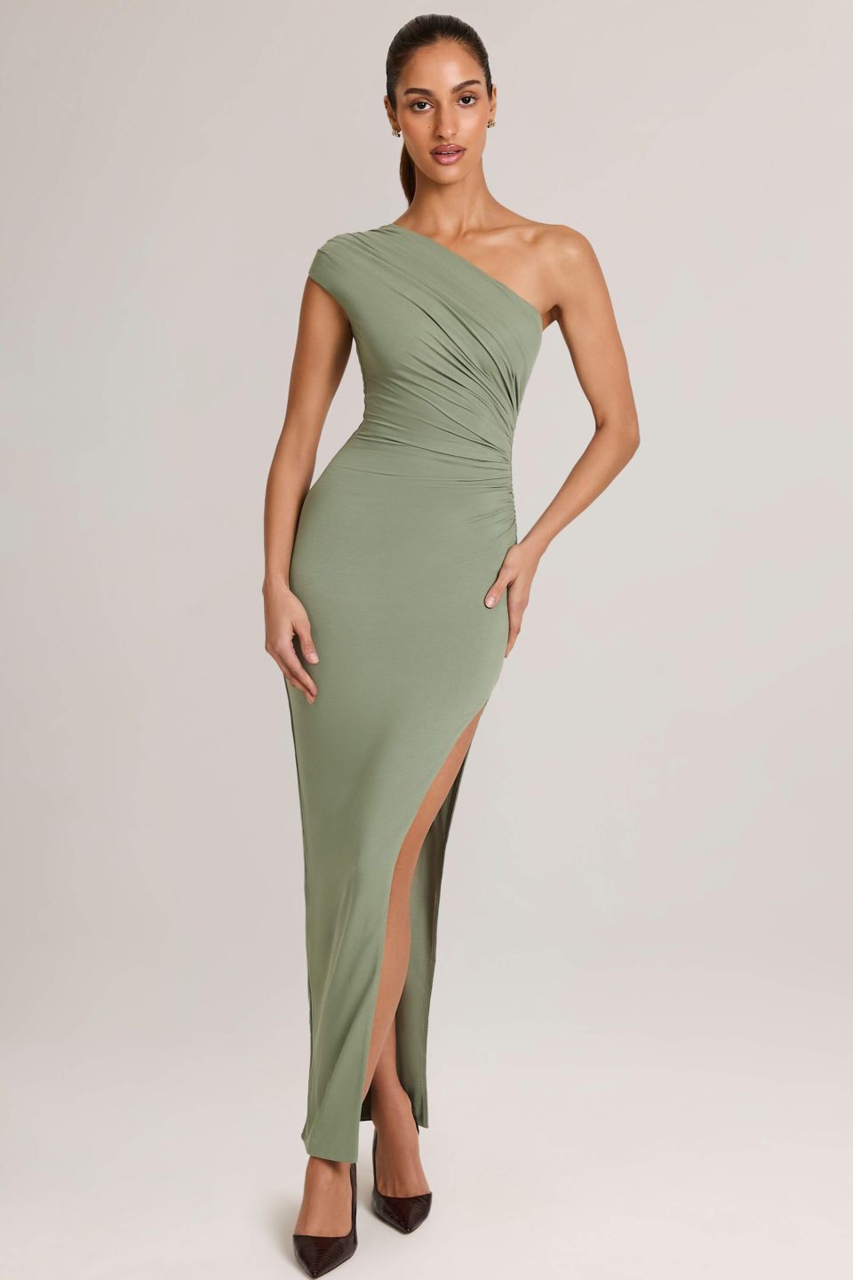 Modal Asymmetric Ruched Maxi Dress  in Sage Green