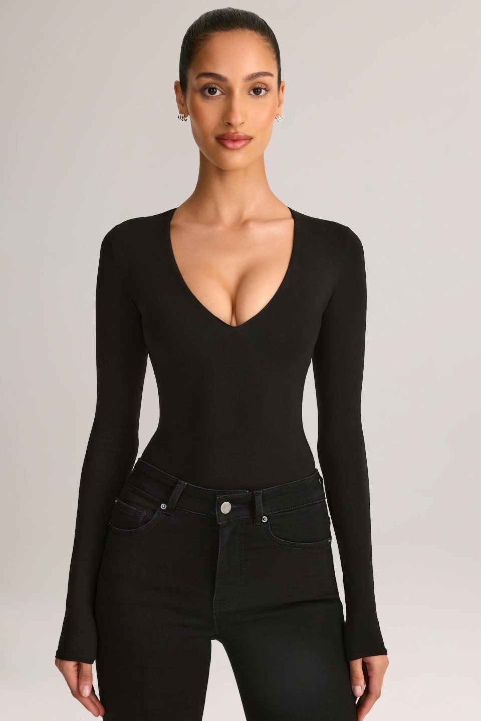 Modal Plunge Long-Sleeve Bodysuit in Black