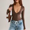 Modal Plunge Long-Sleeve Bodysuit in Chocolate Brown