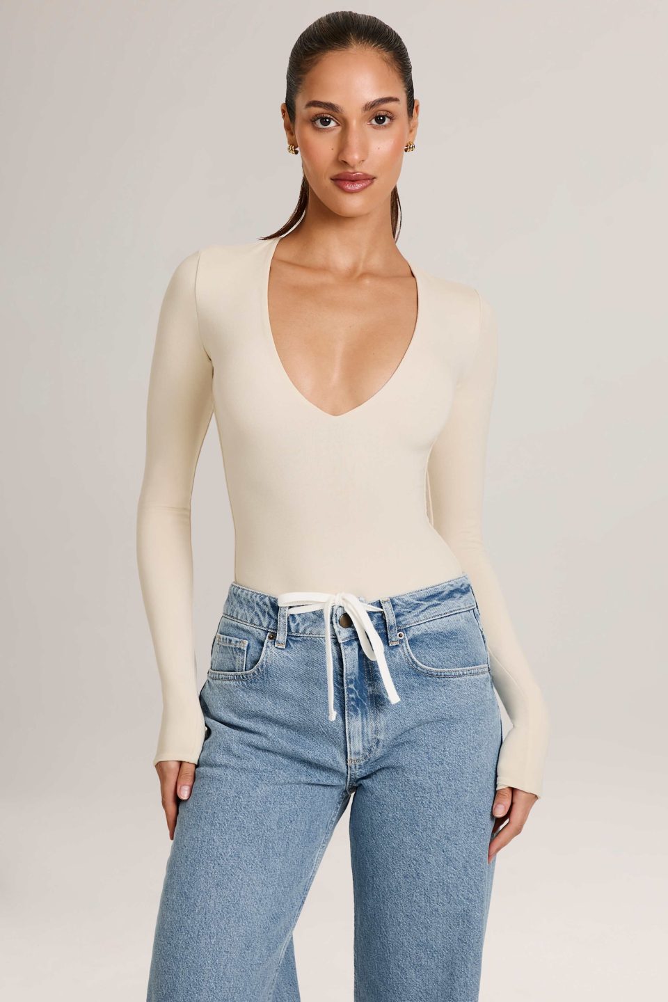Modal Plunge Long-Sleeve Bodysuit  in Ivory
