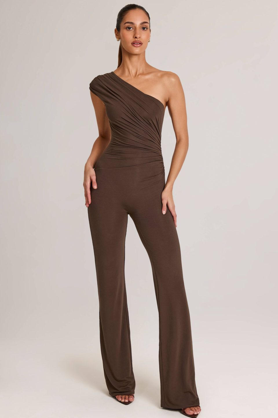 Modal One-Shoulder Jumpsuit in Chocolate Brown