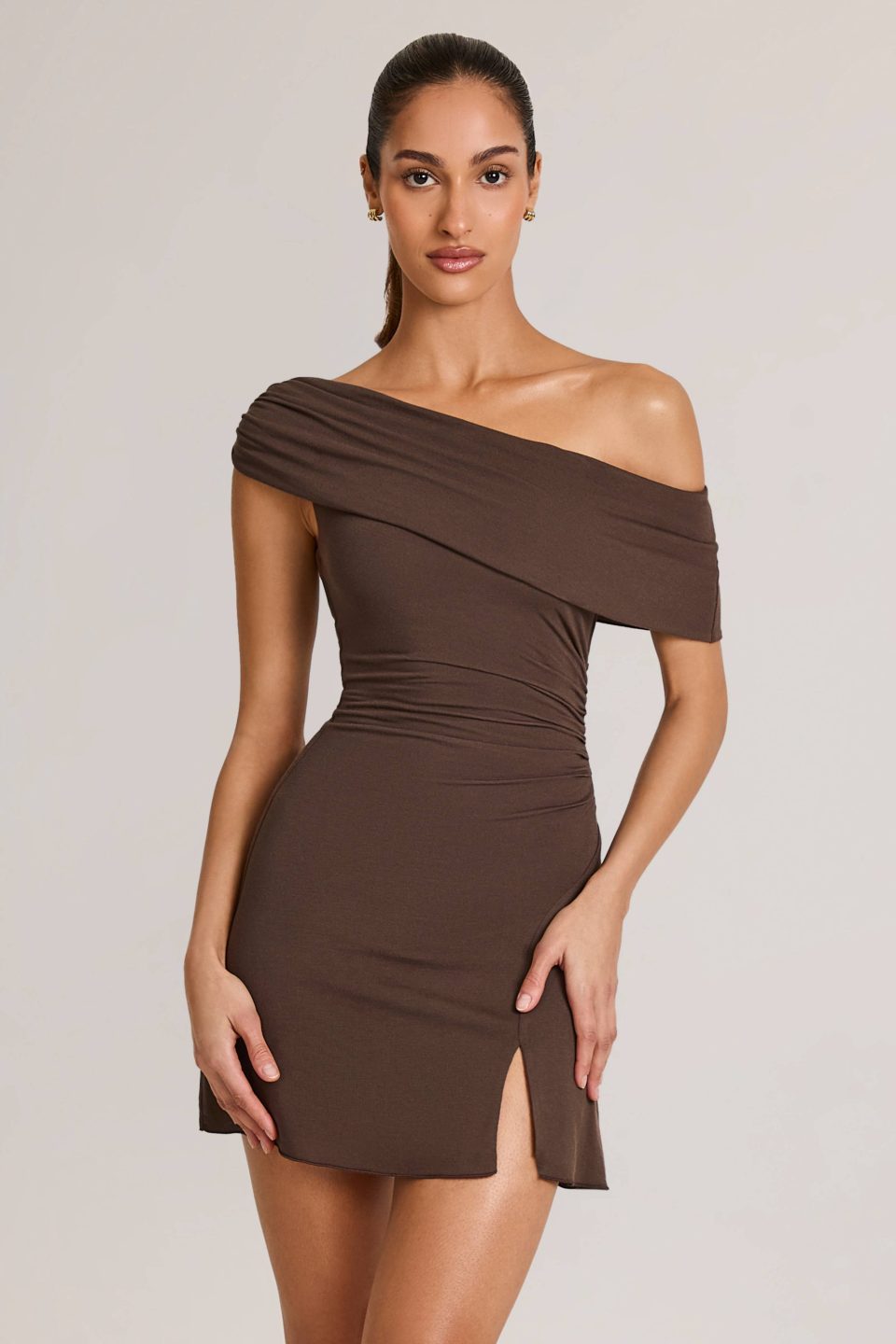 Modal Asymmetric A-Line Mini Dress in Chocolate Brown