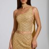 Embellished Scarf-Detail Asymmetric Top in Gold