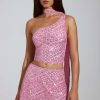 Embellished Scarf-Detail Asymmetric Top in Pink