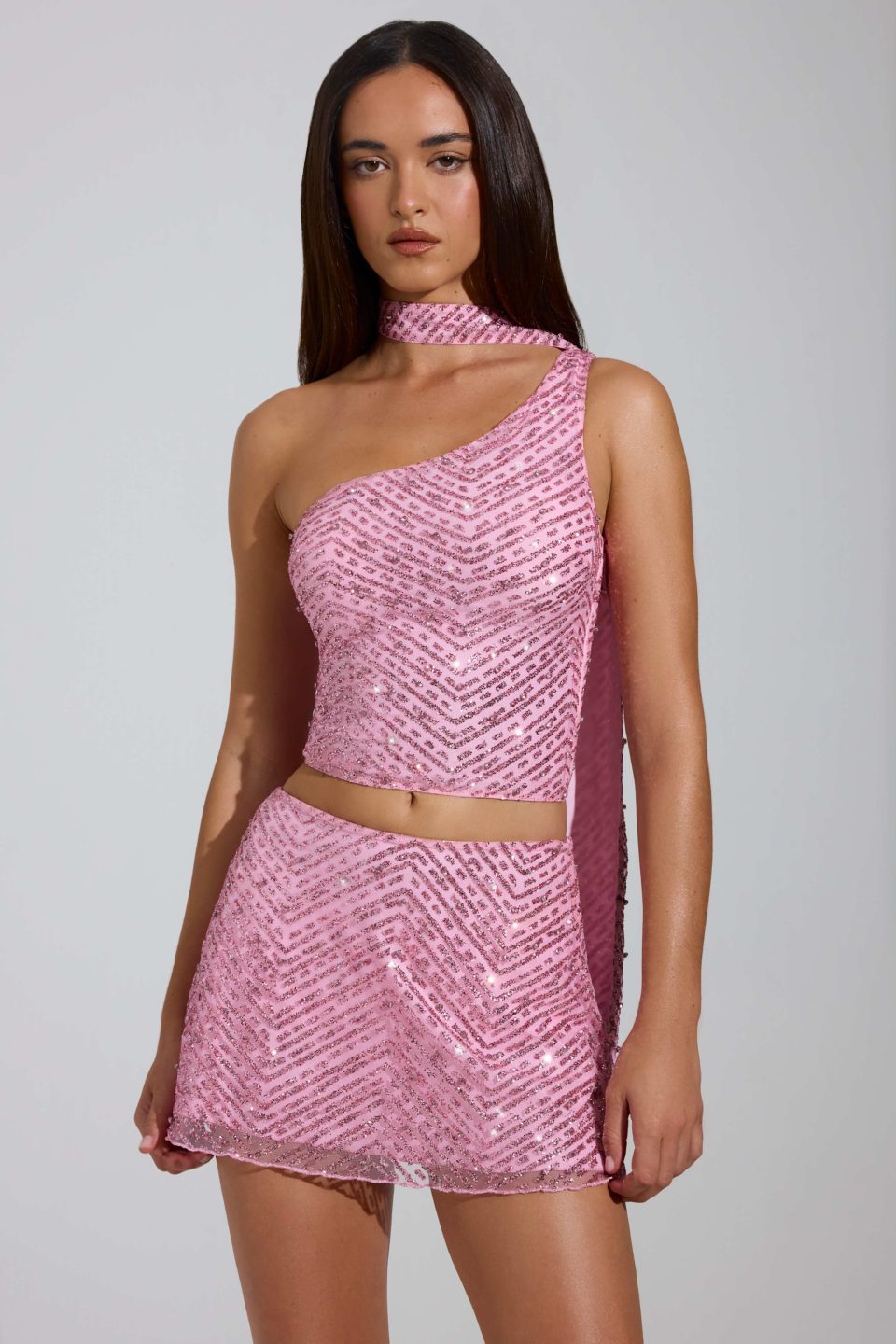Embellished Scarf-Detail Asymmetric Top in Pink