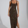 Embellished Scoop-Neck Maxi Dress in Brown