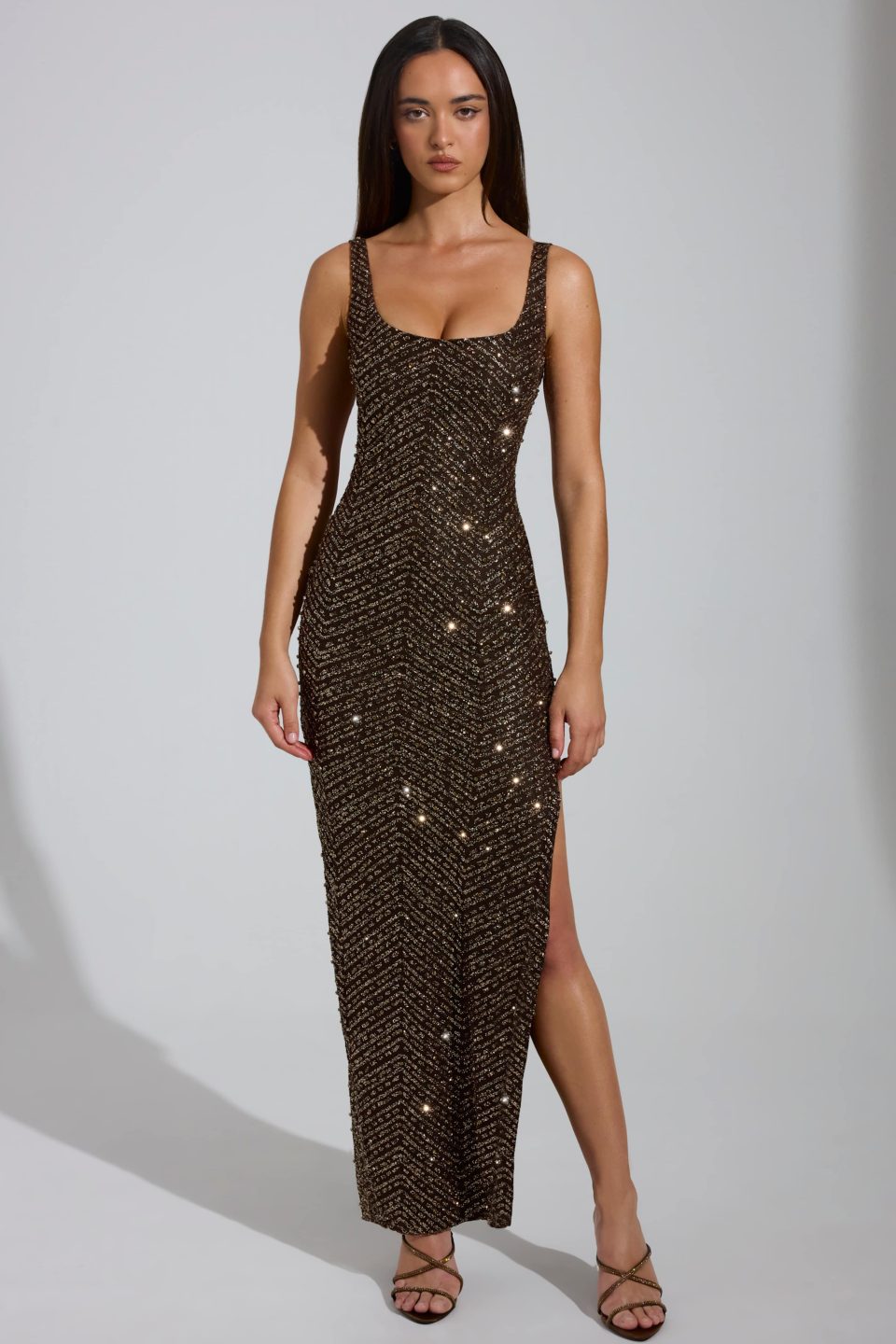 Embellished Scoop-Neck Maxi Dress in Brown