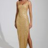 Embellished Scoop-Neck Maxi Dress in Gold