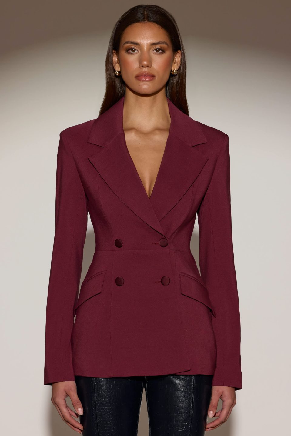 Structured Double-Breasted Blazer in Burgundy