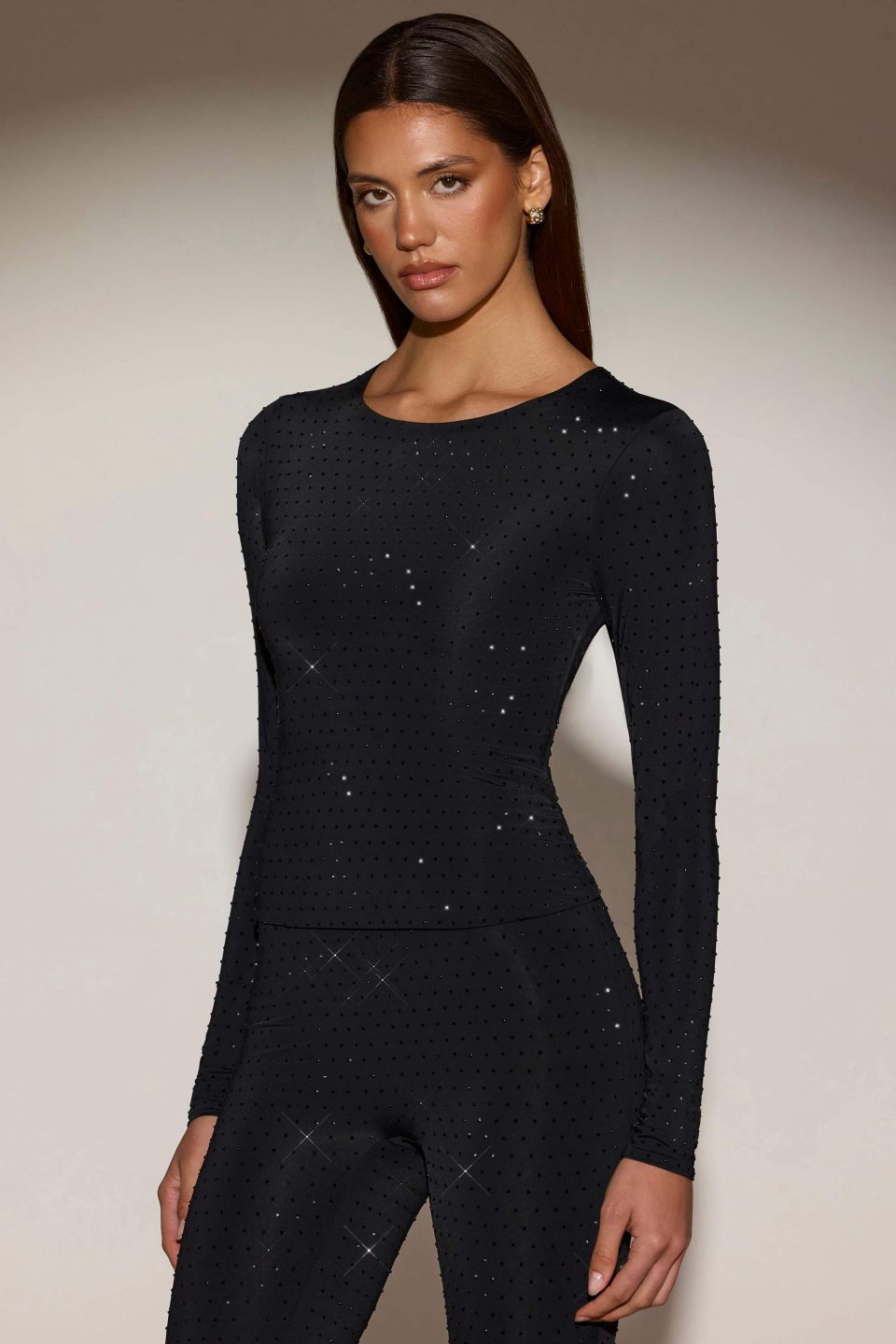 Embellished Long-Sleeve Top in Black