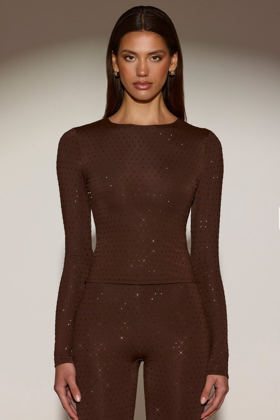 Embellished Long-Sleeve Top in Chocolate Brown