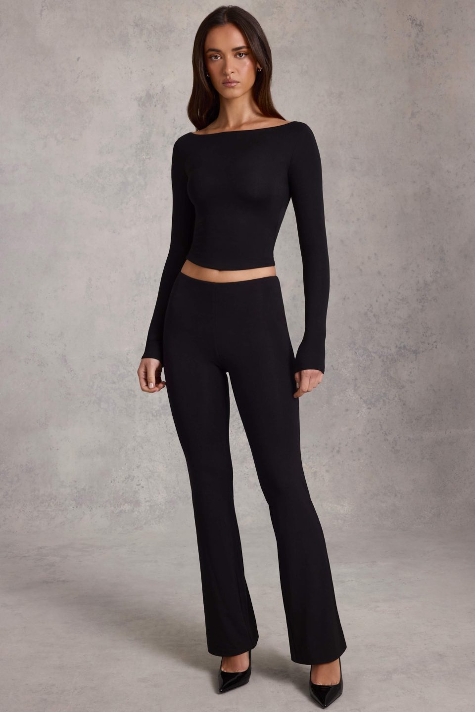 Modal Ruched Flared Trousers in Black