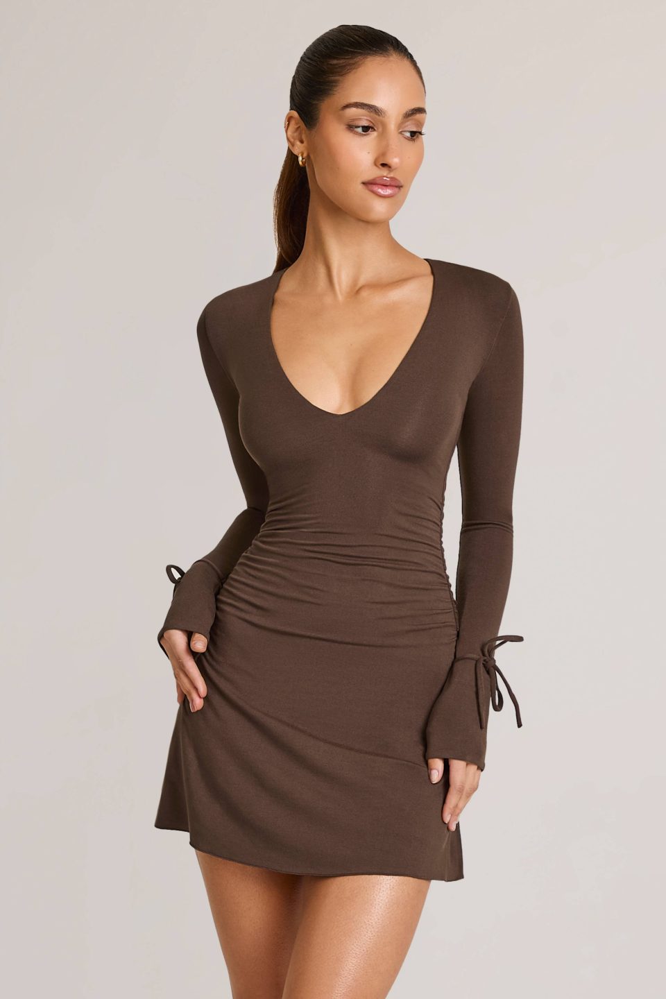 Modal Long-Sleeve Mini Dress in Chocolate Brown