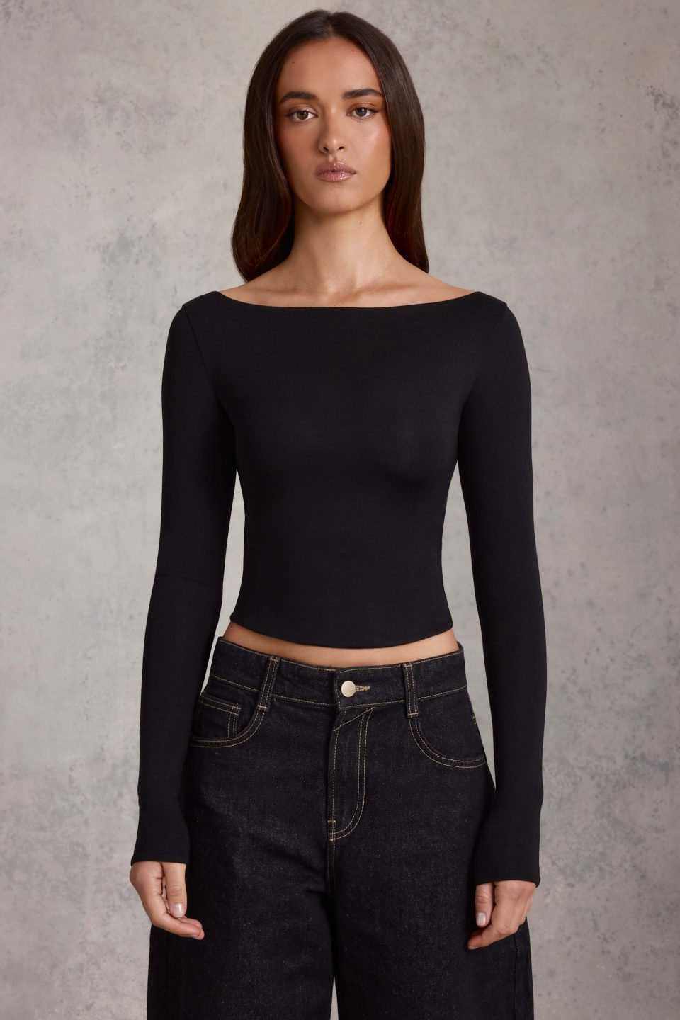 Modal Boat-Neck Long-Sleeve Top in Black